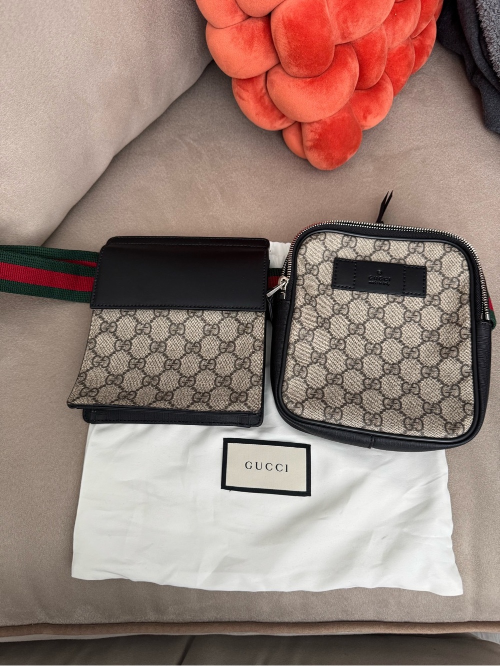 Gucci Beige GG Supreme Canvas Belt Bag with Black Trim and Green-Red Strap